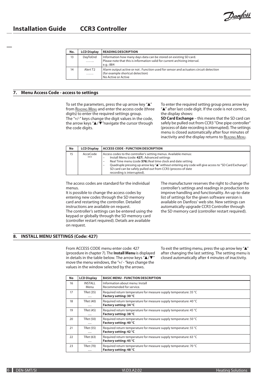 Installation guide ccr3 controller, Menu access code - access to settings, Install menu settings (code: 427) | Danfoss CCR3 Controller User Manual | Page 6 / 22