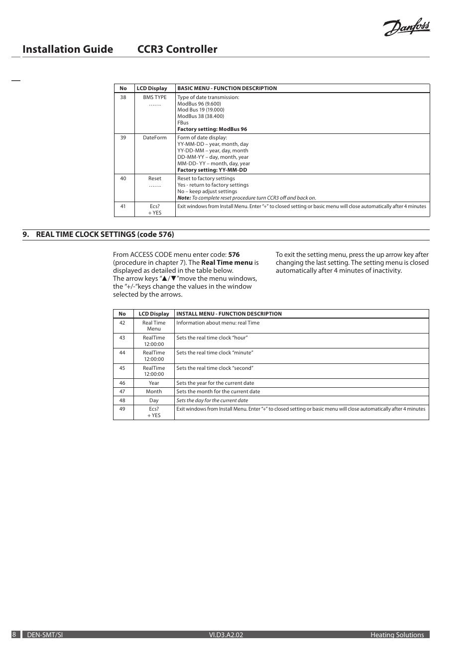 Installation guide ccr3 controller, Real time clock settings (code 576) | Danfoss CCR3 Controller User Manual | Page 8 / 22