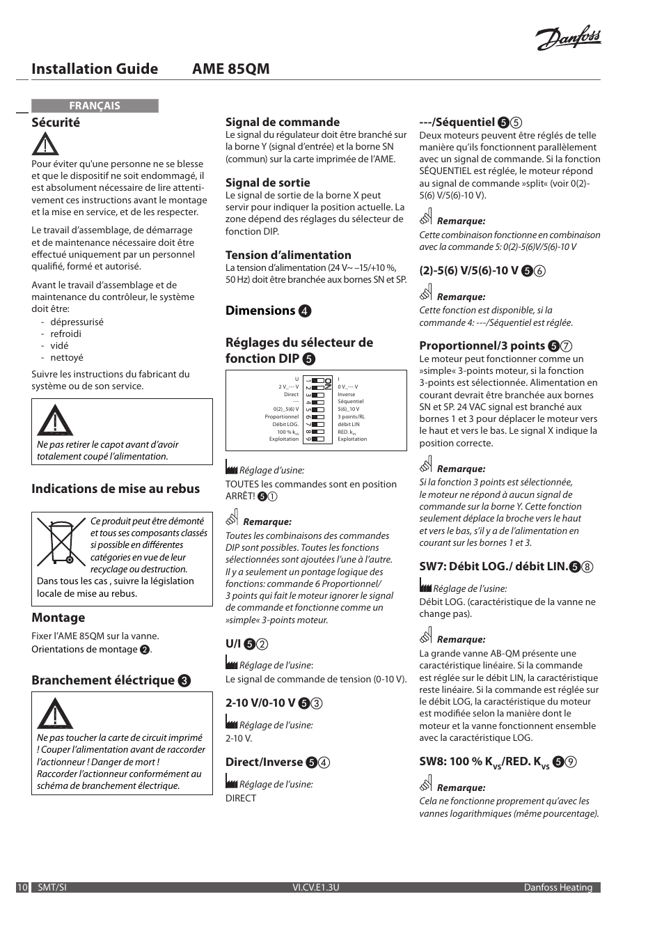 Installation guide ame 85qm, Sécurité, Indications de mise au rebus | Montage, Branchement éléctrique, Dimensions ❹ réglages du sélecteur de fonction dip | Danfoss AME 85QM User Manual | Page 10 / 34