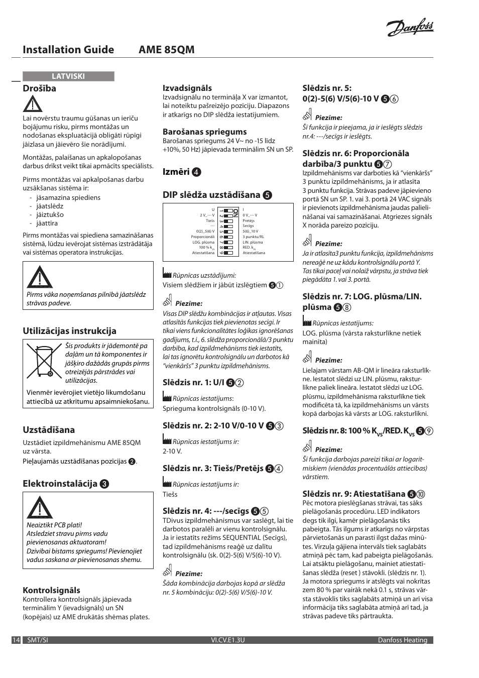Installation guide ame 85qm, Drošība, Utilizācijas instrukcija | Uzstādīšana, Elektroinstalācija, Izmēri ❹ dip slēdža uzstādīšana | Danfoss AME 85QM User Manual | Page 14 / 34