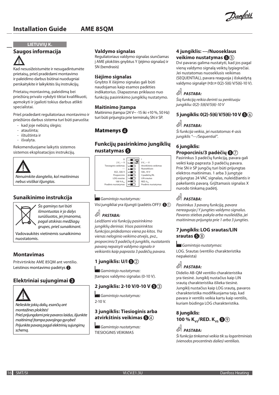 Installation guide ame 85qm, Saugos informacija, Sunaikinimo instrukcija | Montavimas, Elektriniai sujungimai | Danfoss AME 85QM User Manual | Page 16 / 34