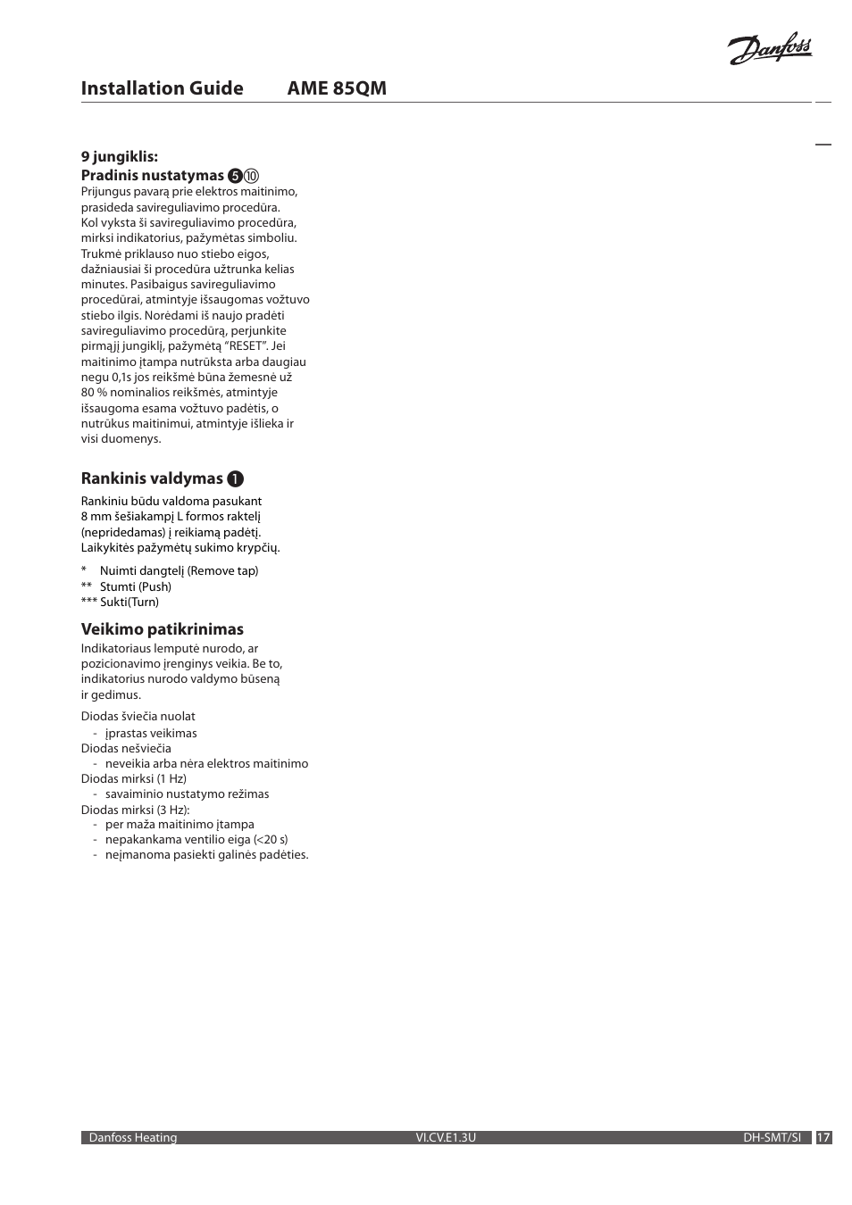 Installation guide ame 85qm, Rankinis valdymas, Veikimo patikrinimas | Danfoss AME 85QM User Manual | Page 17 / 34