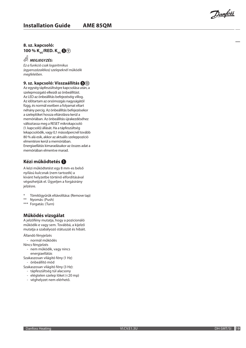 Installation guide ame 85qm, Kézi működtetés, Működés vizsgálat | Danfoss AME 85QM User Manual | Page 19 / 34