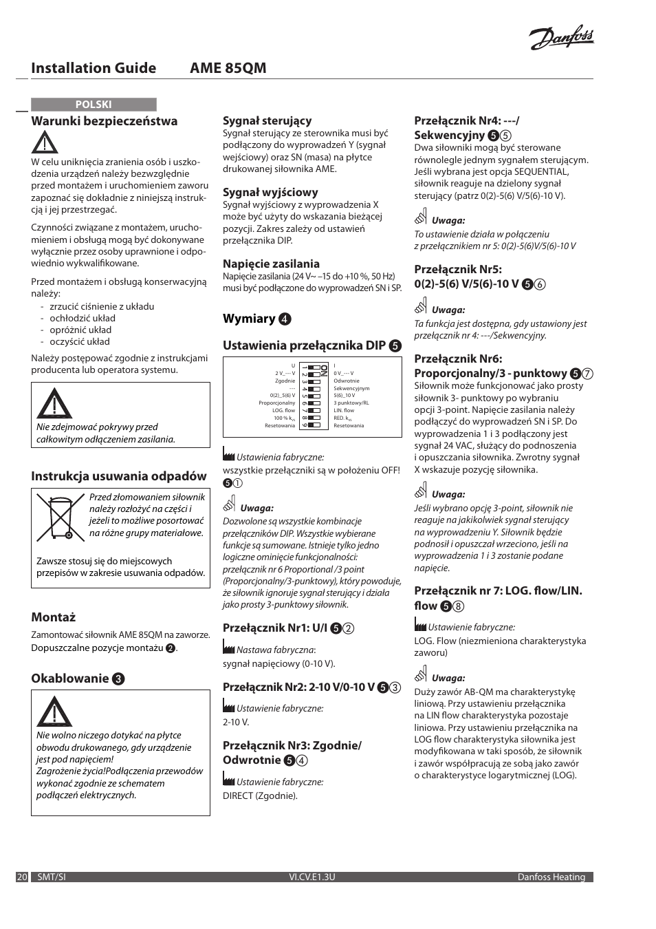 Installation guide ame 85qm, Warunki bezpieczeństwa, Instrukcja usuwania odpadów | Montaż, Okablowanie, Wymiary ❹ ustawienia przełącznika dip | Danfoss AME 85QM User Manual | Page 20 / 34