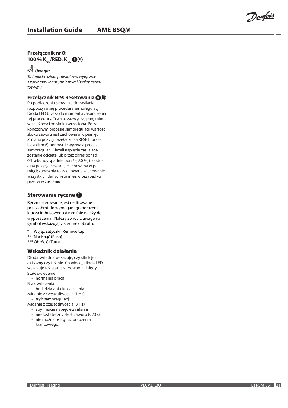Installation guide ame 85qm, Sterowanie ręczne, Wskaźnik działania | Danfoss AME 85QM User Manual | Page 21 / 34