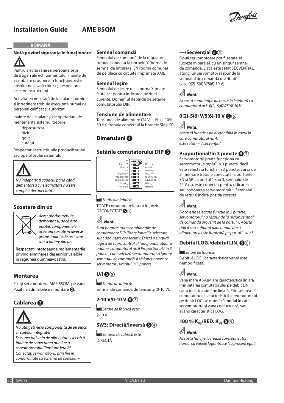 Installation guide ame 85qm, Scoatere din uz, Montarea | Cablarea, Dimensiuni ❹ setările comutatorului dip | Danfoss AME 85QM User Manual | Page 22 / 34