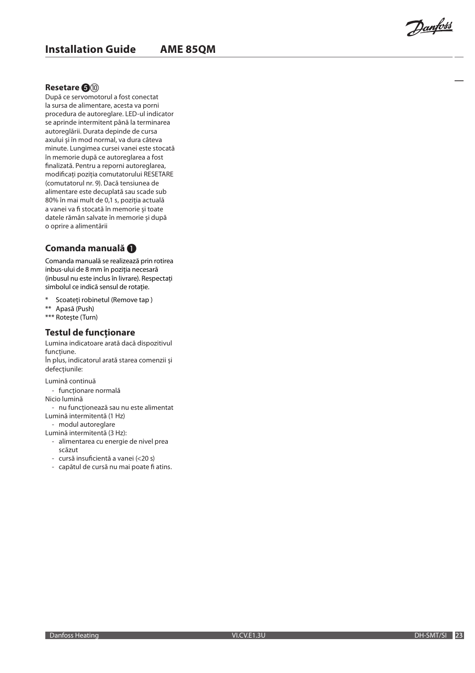 Installation guide ame 85qm, Comanda manuală, Testul de funcţionare | Danfoss AME 85QM User Manual | Page 23 / 34