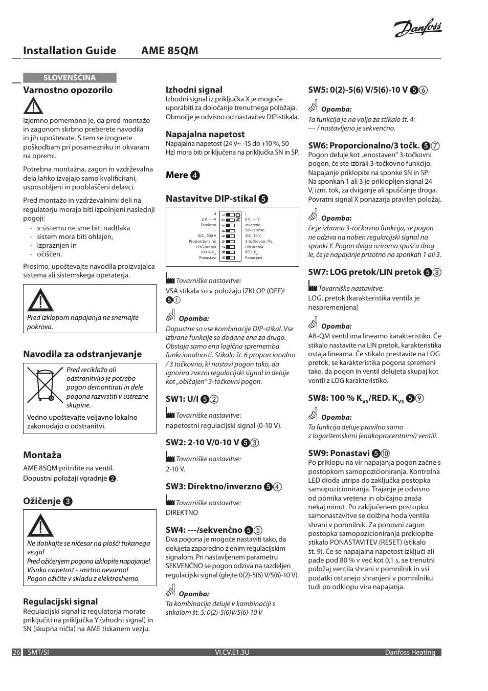 Installation guide ame 85qm, Varnostno opozorilo, Navodila za odstranjevanje | Montaža, Ožičenje, Mere ❹ nastavitve dip-stikal | Danfoss AME 85QM User Manual | Page 26 / 34