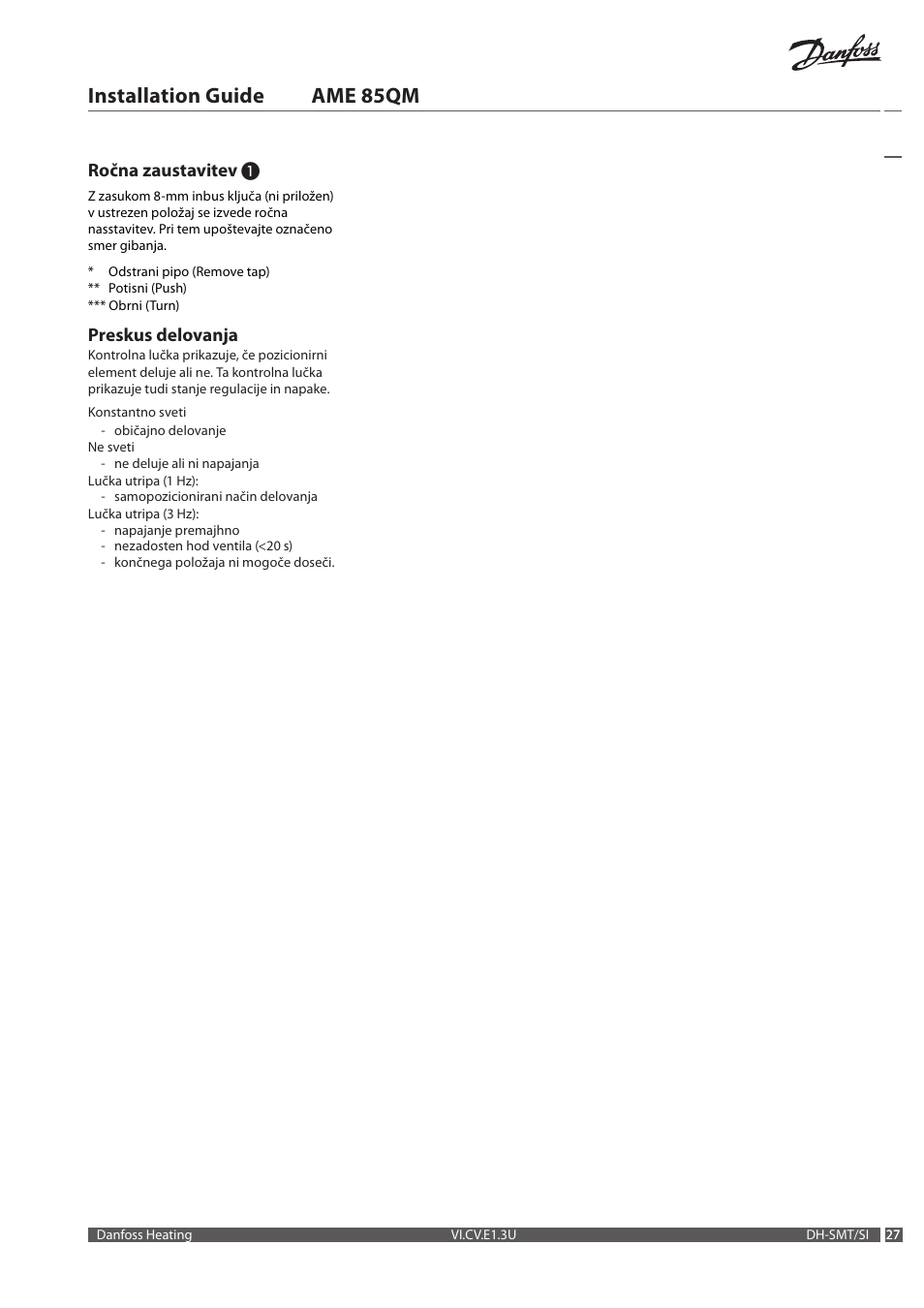 Installation guide ame 85qm, Ročna zaustavitev, Preskus delovanja | Danfoss AME 85QM User Manual | Page 27 / 34