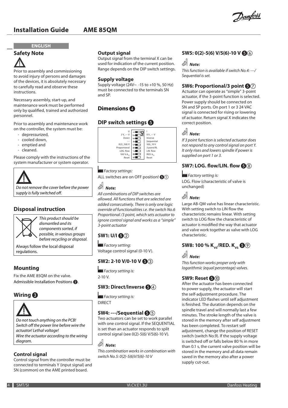 Installation guide ame 85qm, Disposal instruction, Mounting | Wiring, Dimensions ❹ dip switch settings | Danfoss AME 85QM User Manual | Page 4 / 34