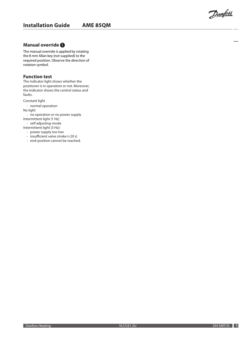 Installation guide ame 85qm, Manual override, Function test | Danfoss AME 85QM User Manual | Page 5 / 34