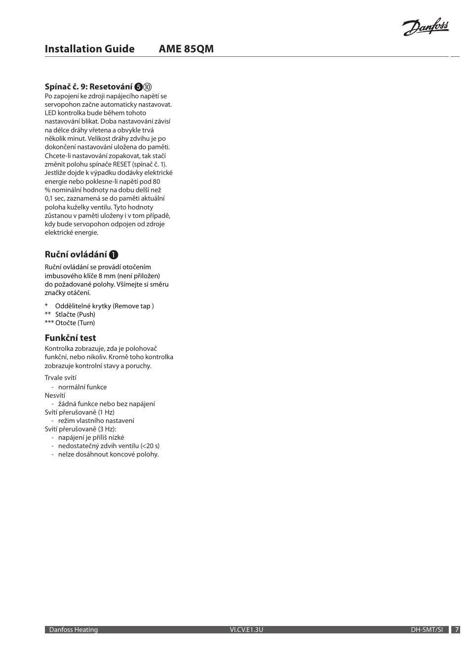 Installation guide ame 85qm, Ruční ovládání, Funkční test | Danfoss AME 85QM User Manual | Page 7 / 34