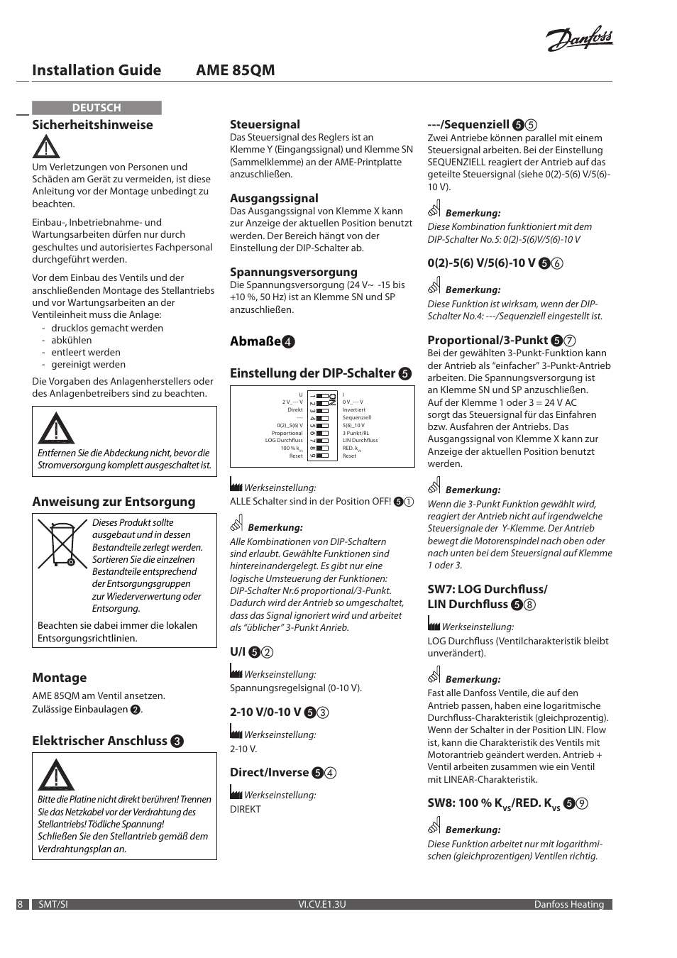 Installation guide ame 85qm, Sicherheitshinweise, Anweisung zur entsorgung | Montage, Elektrischer anschluss, Abmaße ❹ einstellung der dip-schalter | Danfoss AME 85QM User Manual | Page 8 / 34