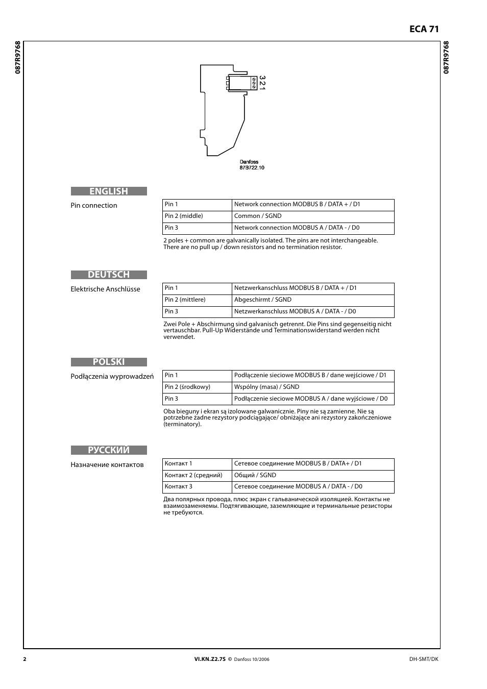 Eca 71 english, Deutsch, Polski | Русский | Danfoss ECA 71 User Manual | Page 2 / 2