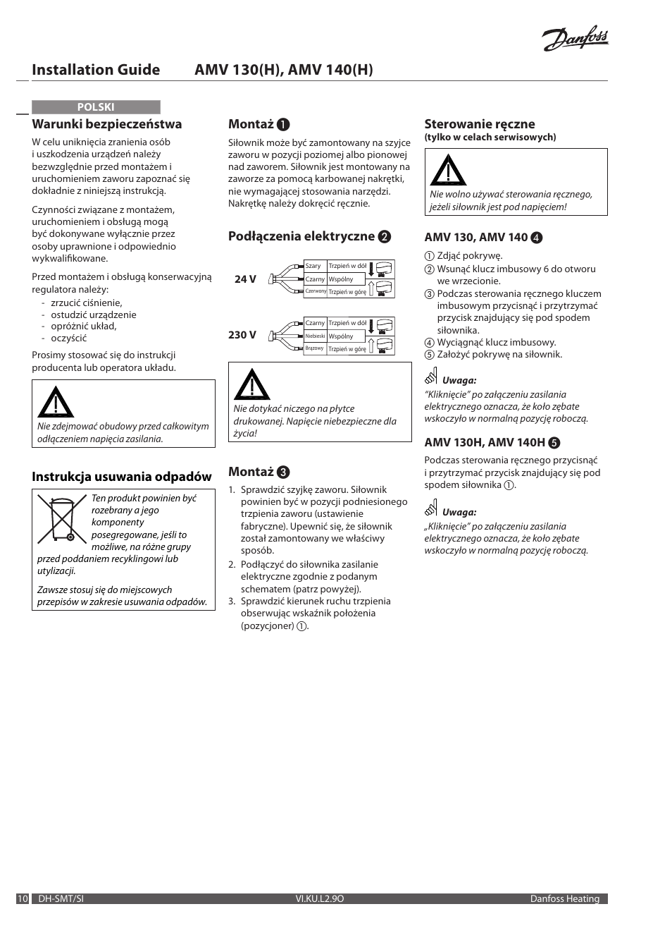Warunki bezpieczeństwa, Instrukcja usuwania odpadów, Montaż | Podłączenia elektryczne, Sterowanie ręczne | Danfoss AME 140 H User Manual | Page 10 / 16