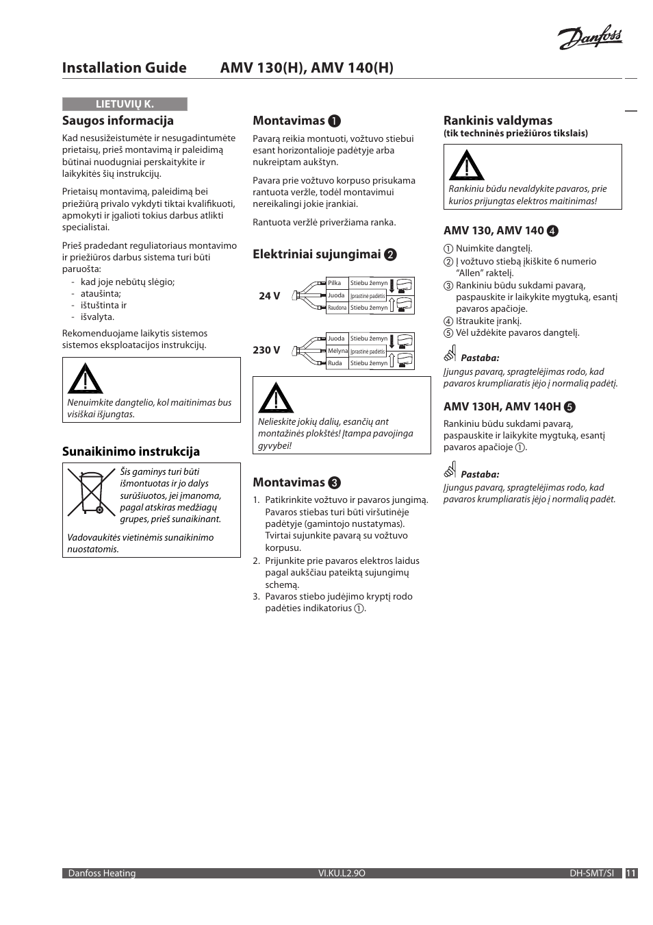 Saugos informacija, Sunaikinimo instrukcija, Montavimas | Elektriniai sujungimai, Rankinis valdymas | Danfoss AME 140 H User Manual | Page 11 / 16