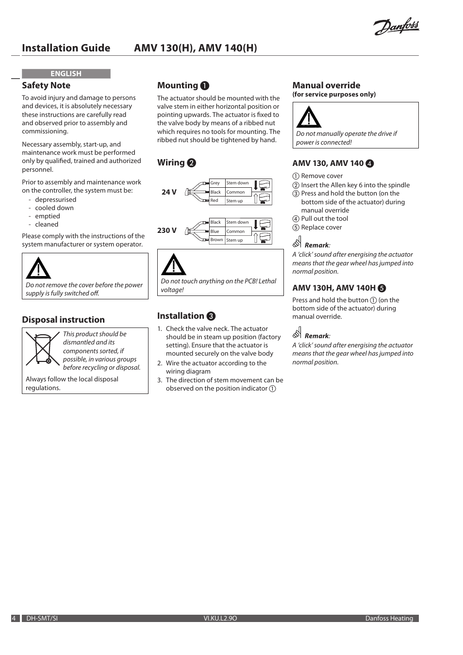 Disposal instruction, Mounting, Wiring | Installation, Manual override | Danfoss AME 140 H User Manual | Page 4 / 16