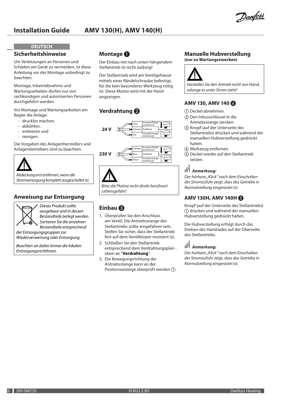 Sicherheitshinweise, Anweisung zur entsorgung, Montage | Verdrahtung, Einbau, Manuelle hubverstellung | Danfoss AME 140 H User Manual | Page 6 / 16