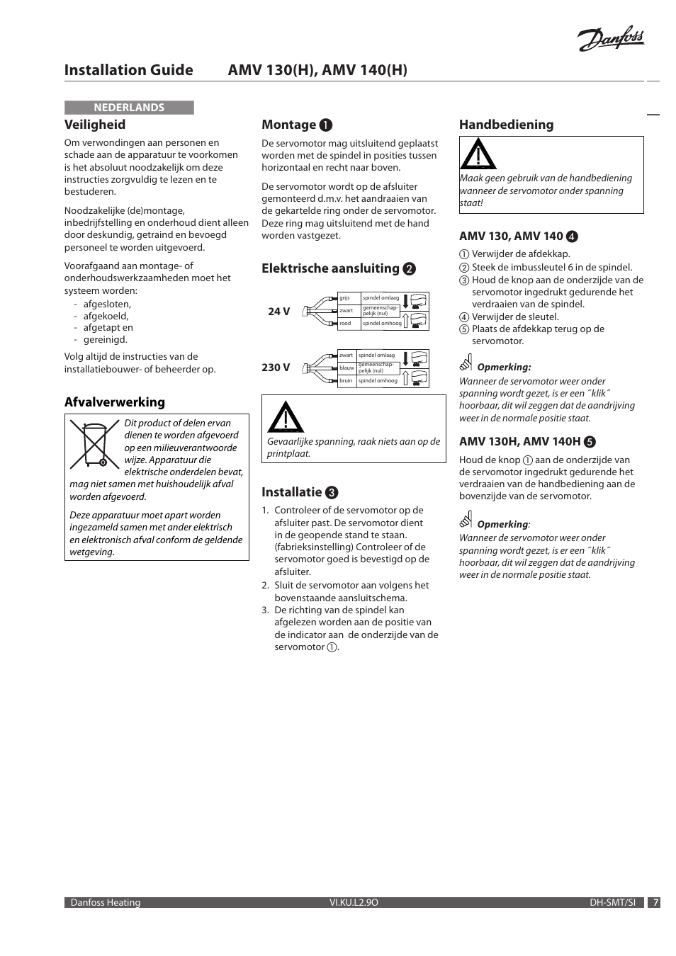 Veiligheid, Afvalverwerking, Montage | Elektrische aansluiting, Installatie, Handbediening | Danfoss AME 140 H User Manual | Page 7 / 16
