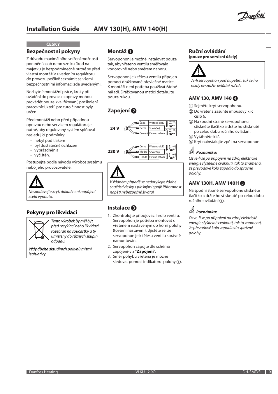 Bezpečnostní pokyny, Pokyny pro likvidaci, Montáž | Zapojení, Instalace, Ruční ovládání | Danfoss AME 140 H User Manual | Page 9 / 16