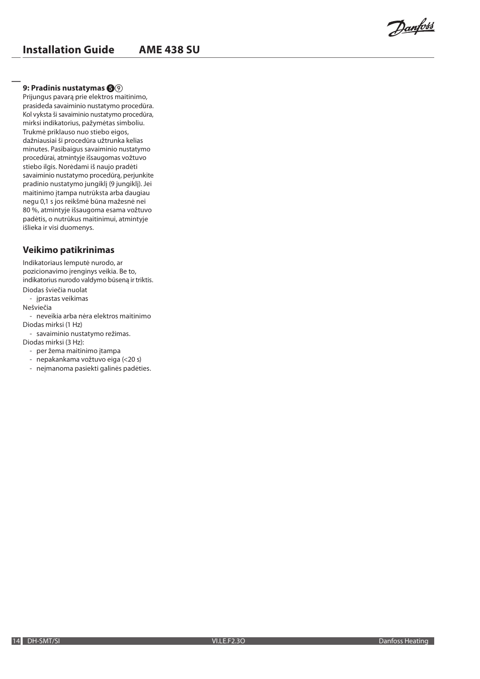 Installation guide ame 438 su, Veikimo patikrinimas | Danfoss AME 438 SU User Manual | Page 14 / 24