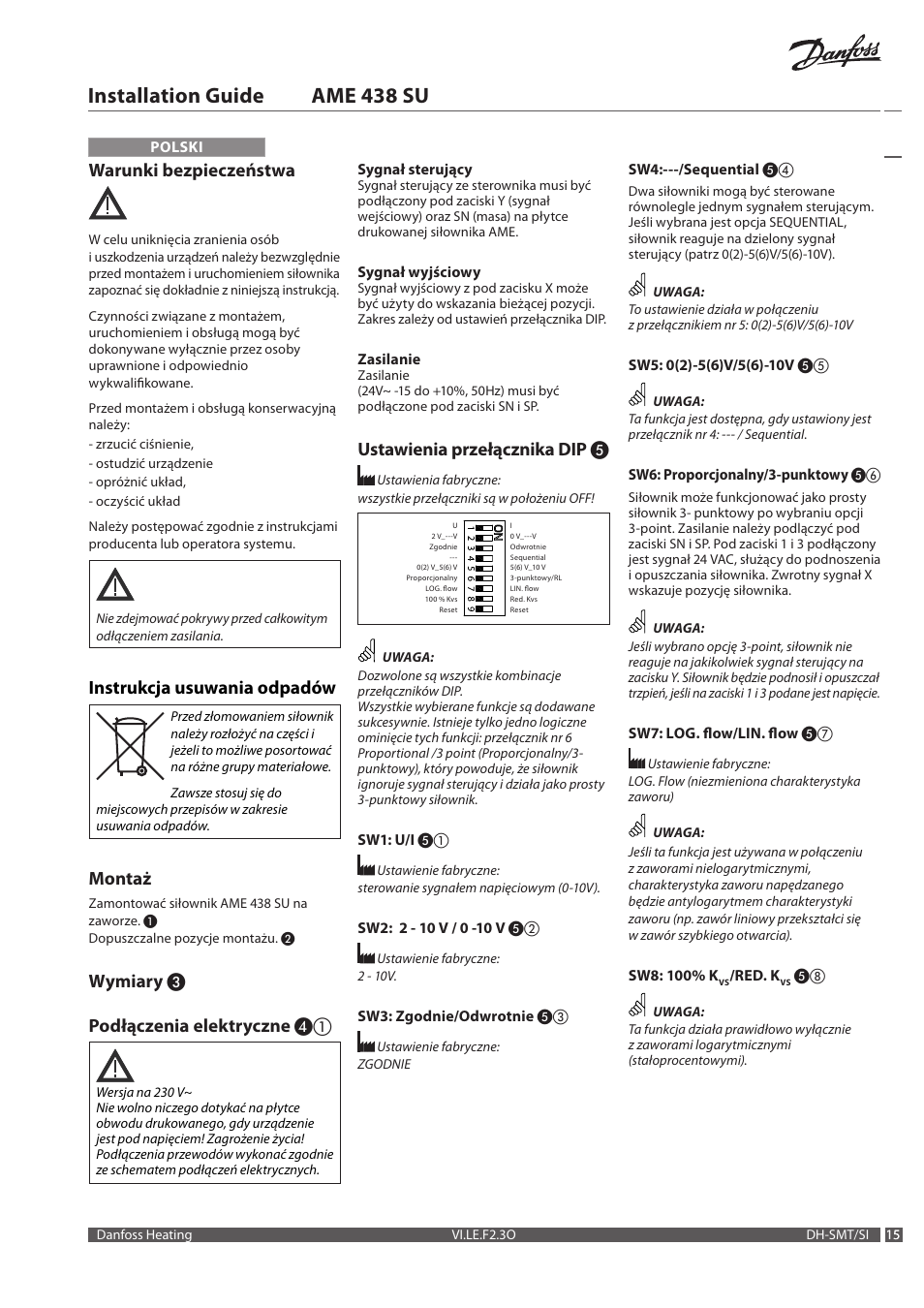 Installation guide ame 438 su, Warunki bezpieczeństwa, Instrukcja usuwania odpadów | Montaż, Wymiary ❸ podłączenia elektryczne, Ustawienia przełącznika dip | Danfoss AME 438 SU User Manual | Page 15 / 24