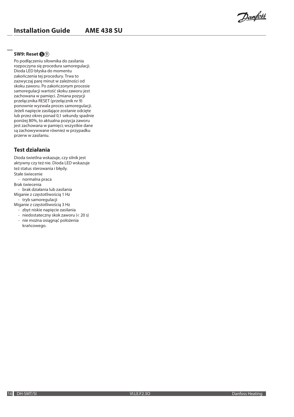 Installation guide ame 438 su, Test działania | Danfoss AME 438 SU User Manual | Page 16 / 24