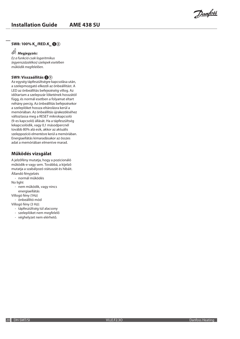 Installation guide ame 438 su, Működés vizsgálat | Danfoss AME 438 SU User Manual | Page 20 / 24