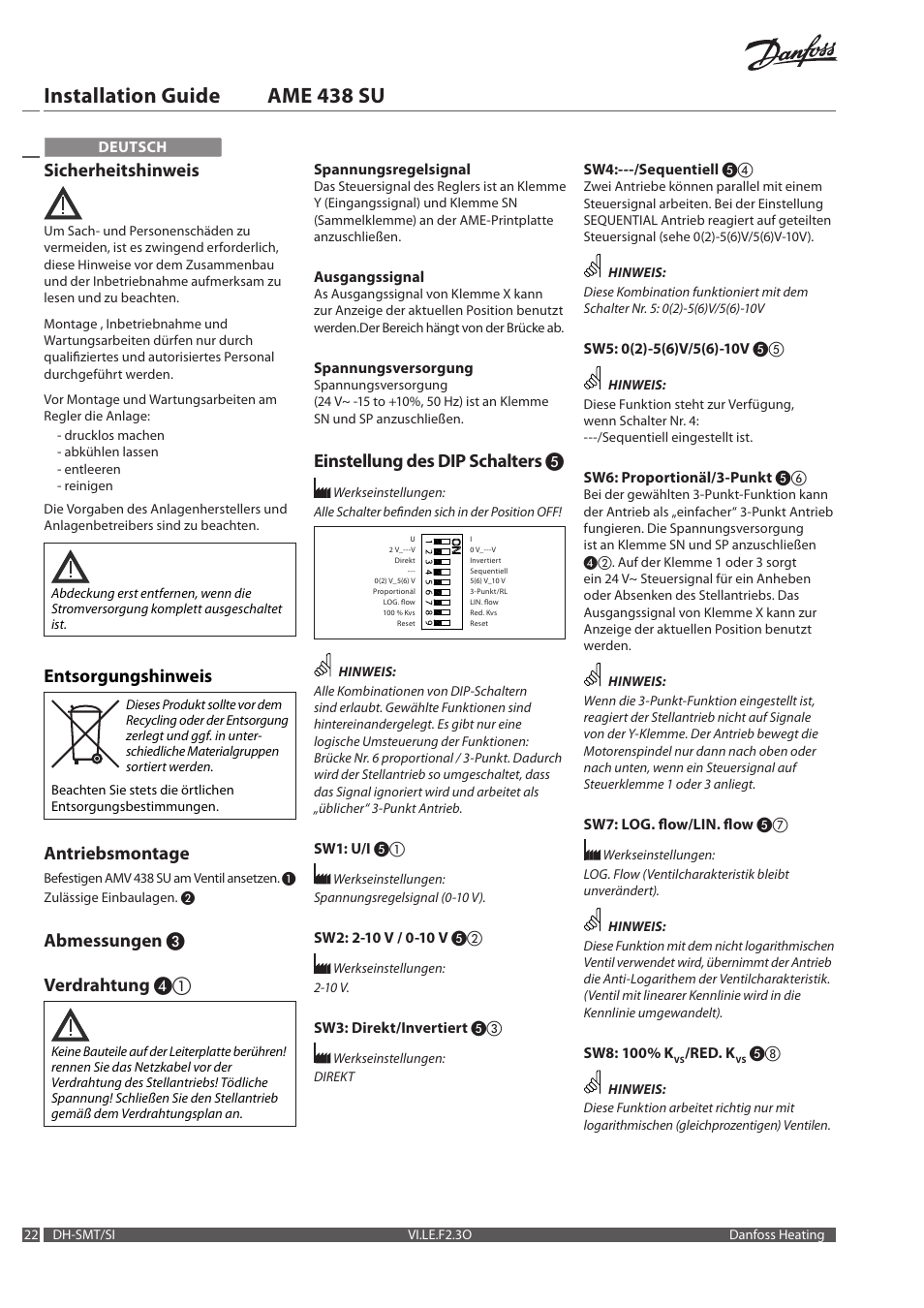 Installation guide ame 438 su, Sicherheitshinweis, Entsorgungshinweis | Antriebsmontage, Abmessungen ❸ verdrahtung, Einstellung des dip schalters | Danfoss AME 438 SU User Manual | Page 22 / 24