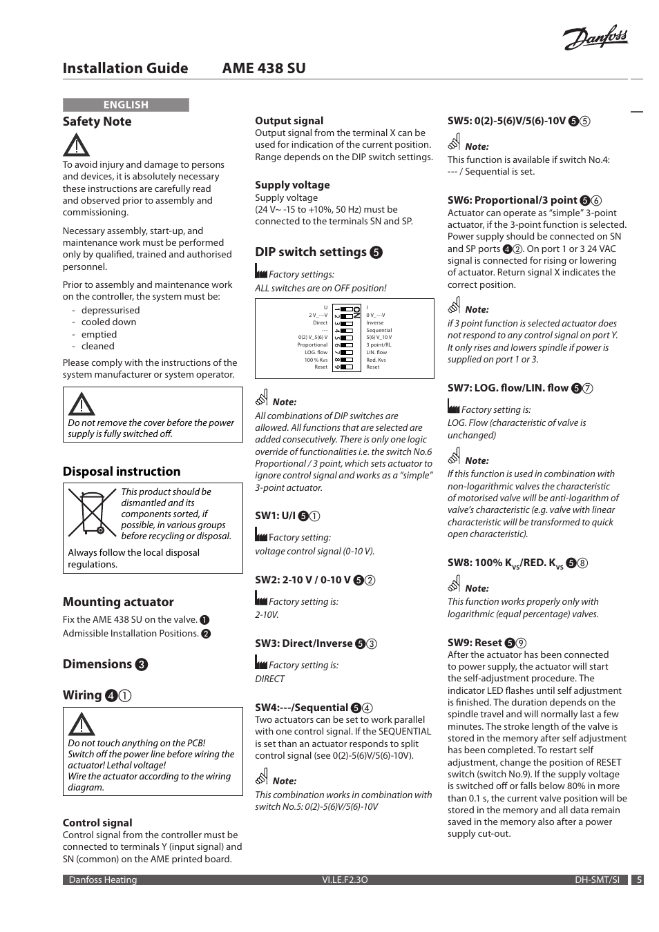 Installation guide ame 438 su, Disposal instruction, Mounting actuator | Dimensions ❸ wiring, Dip switch settings | Danfoss AME 438 SU User Manual | Page 5 / 24