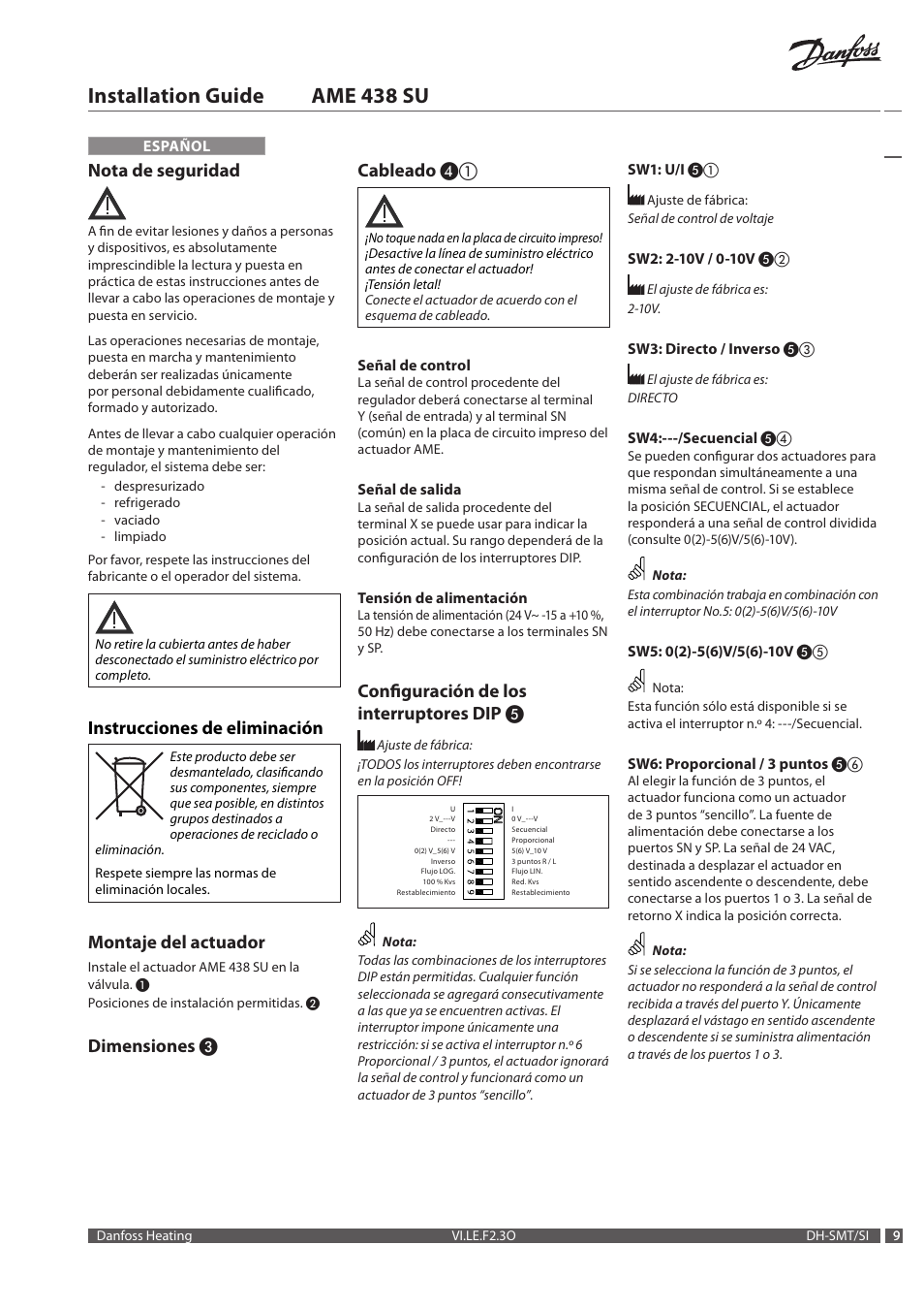 Installation guide ame 438 su, Nota de seguridad, Instrucciones de eliminación | Montaje del actuador, Dimensiones ❸ cableado, Configuración de los interruptores dip | Danfoss AME 438 SU User Manual | Page 9 / 24