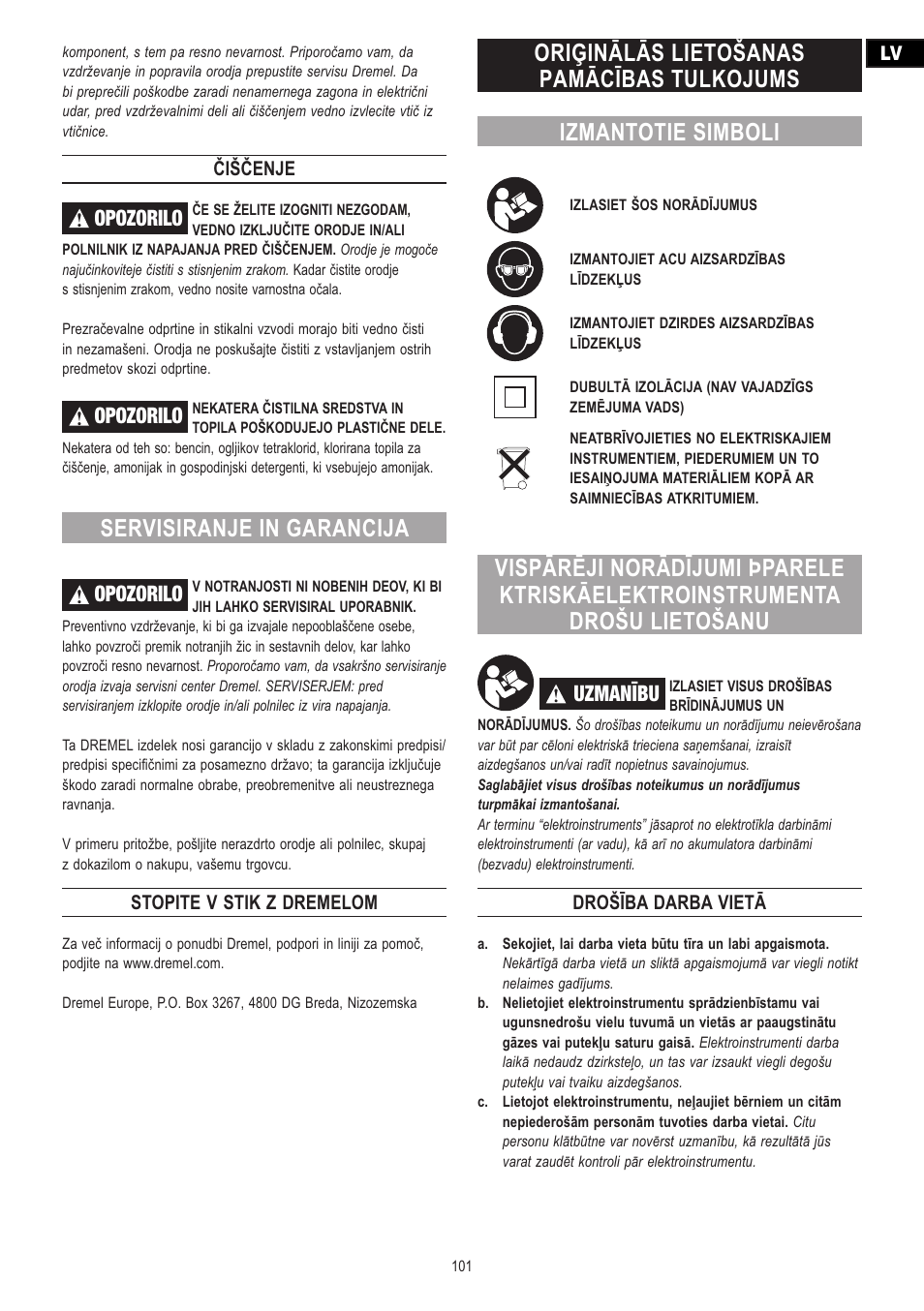 Servisiranje in garancija, Opozorilo, Uzmanību | Čiščenje, Stopite v stik z dremelom, Drošība darba vietā | Dremel Moto-Saw User Manual | Page 101 / 132