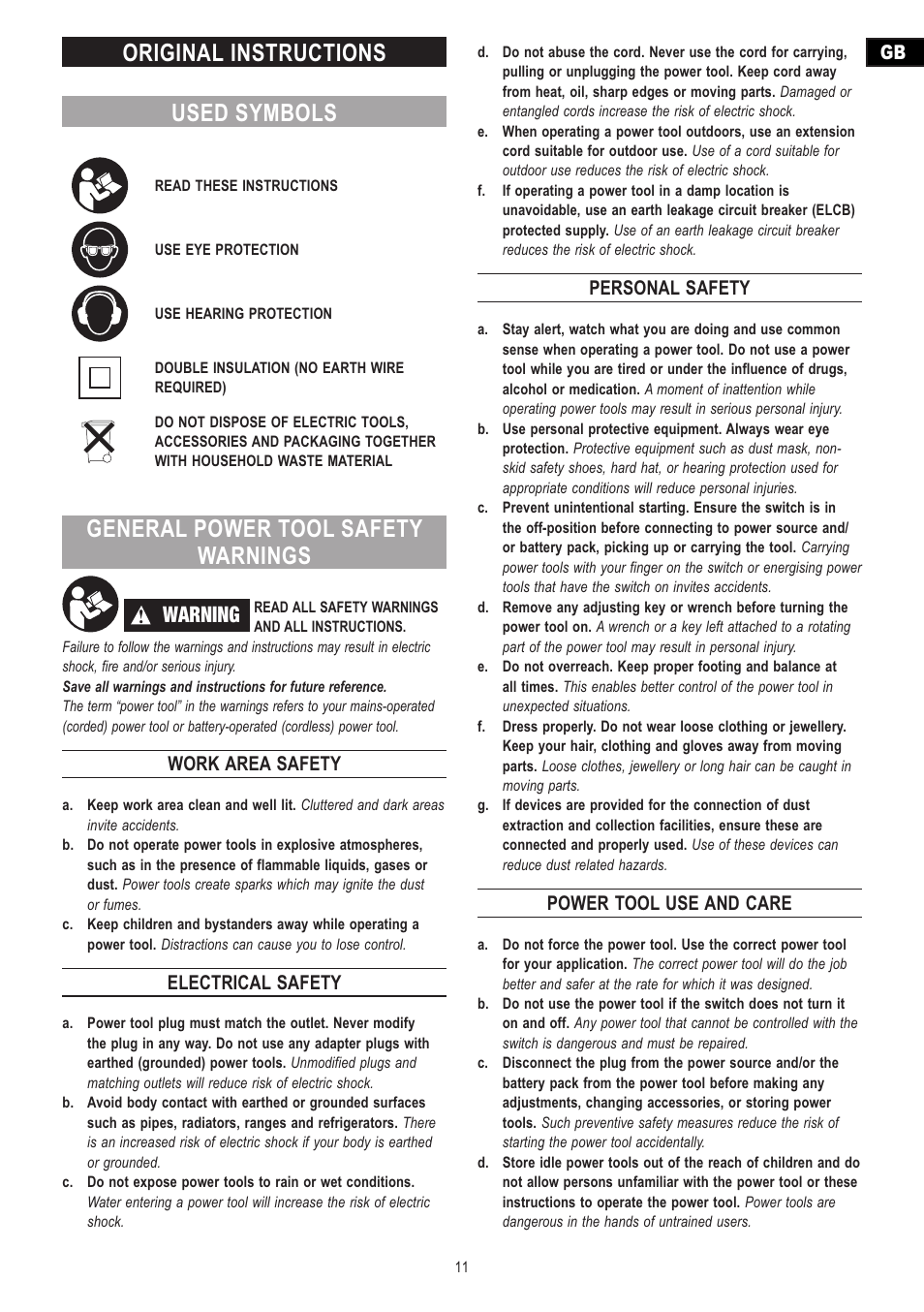 Original instructions used symbols, General power tool safety warnings, Warning | Work area safety, Electrical safety, Personal safety, Power tool use and care | Dremel Moto-Saw User Manual | Page 11 / 132