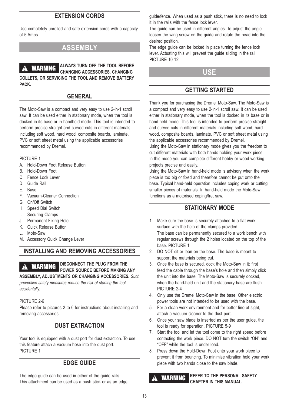 Assembly, Warning, Extension cords | General, Installing and removing accessories, Dust extraction, Edge guide, Getting started, Stationary mode | Dremel Moto-Saw User Manual | Page 13 / 132