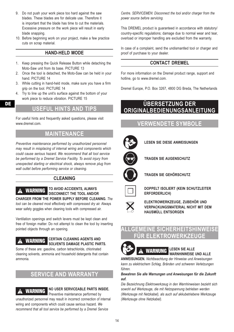 Useful hints and tips, Maintenance, Service and warranty | Warning, Warnung, Hand-held mode, Cleaning, Contact dremel | Dremel Moto-Saw User Manual | Page 14 / 132