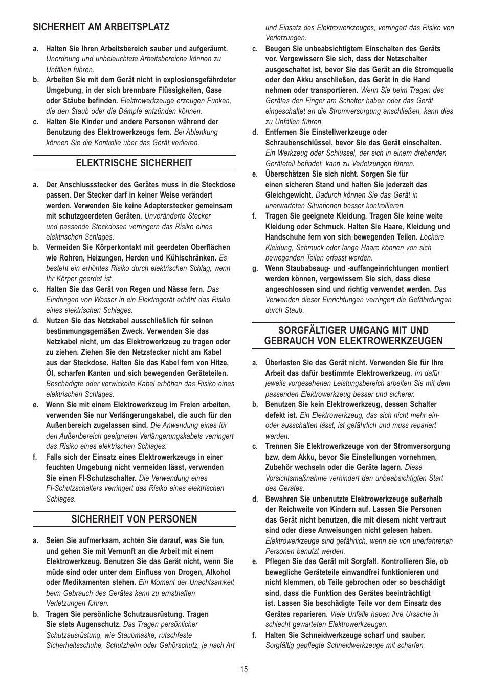 Sicherheit am arbeitsplatz, Elektrische sicherheit, Sicherheit von personen | Dremel Moto-Saw User Manual | Page 15 / 132