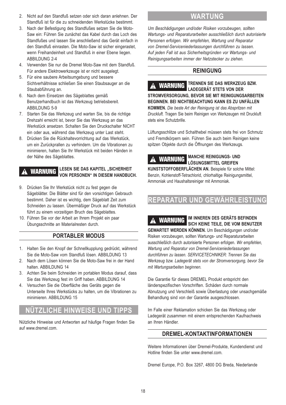 Nützliche hinweise und tipps, Wartung, Reparatur und gewährleistung | Warnung, Portabler modus, Reinigung, Dremel-kontaktinformationen | Dremel Moto-Saw User Manual | Page 18 / 132