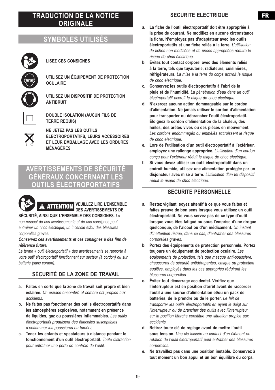 Attention, Sécurité de la zone de travail, Securite electrique | Securite personnelle | Dremel Moto-Saw User Manual | Page 19 / 132
