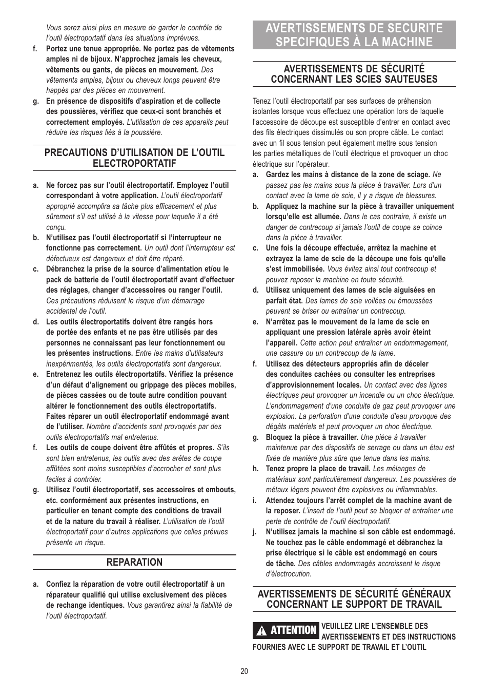 Attention, Reparation | Dremel Moto-Saw User Manual | Page 20 / 132