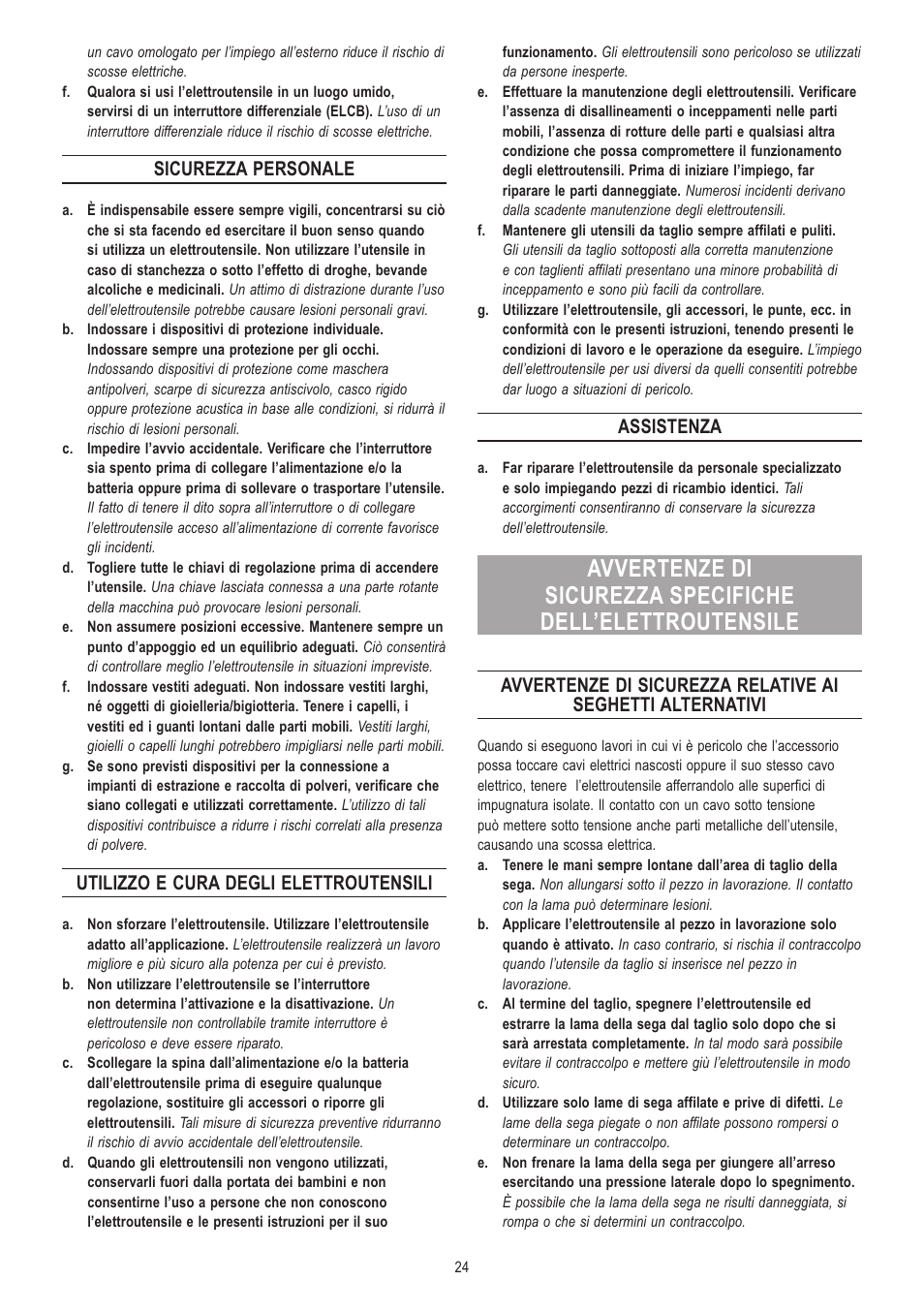 Sicurezza personale, Utilizzo e cura degli elettroutensili, Assistenza | Dremel Moto-Saw User Manual | Page 24 / 132