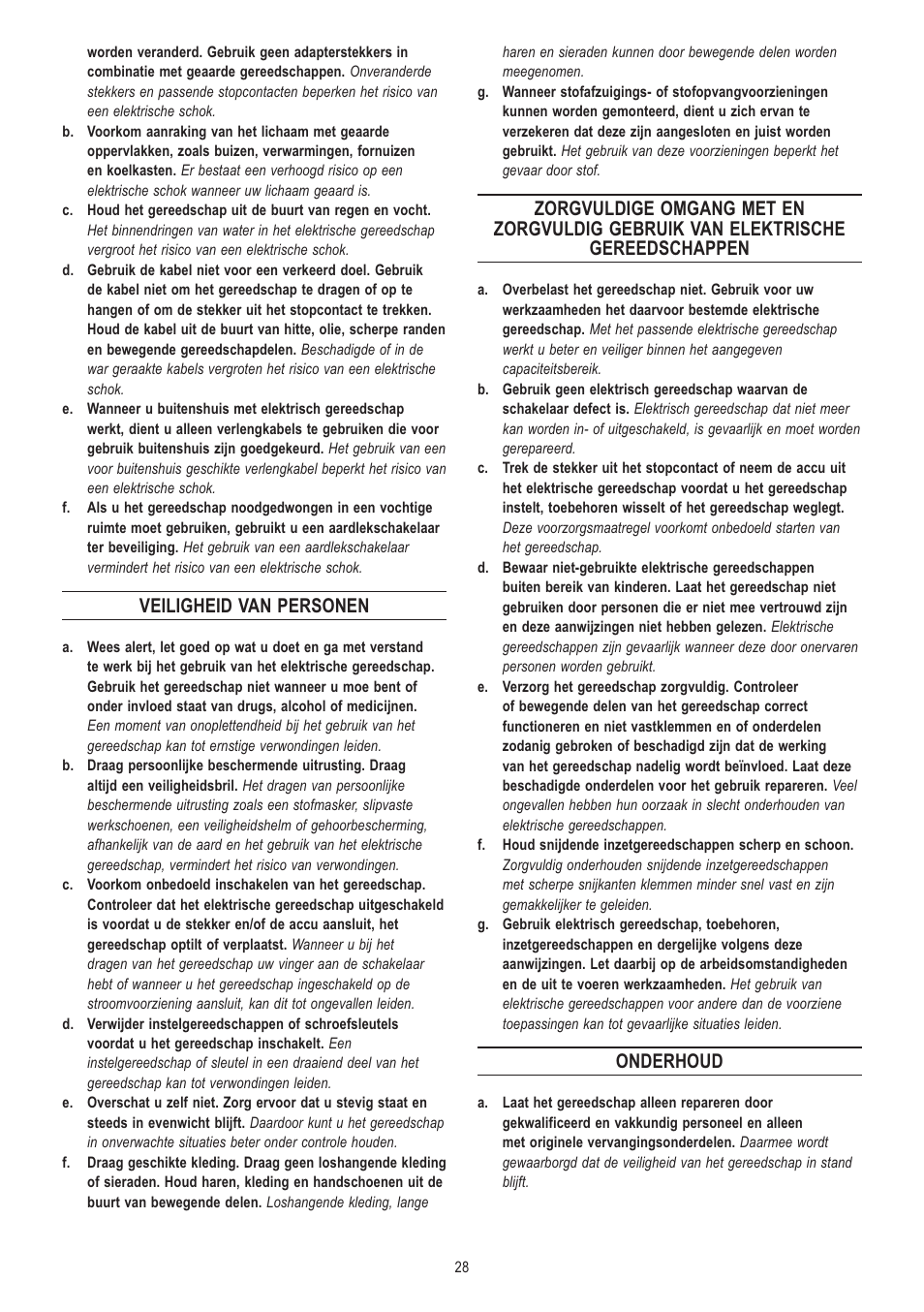 Veiligheid van personen, Onderhoud | Dremel Moto-Saw User Manual | Page 28 / 132