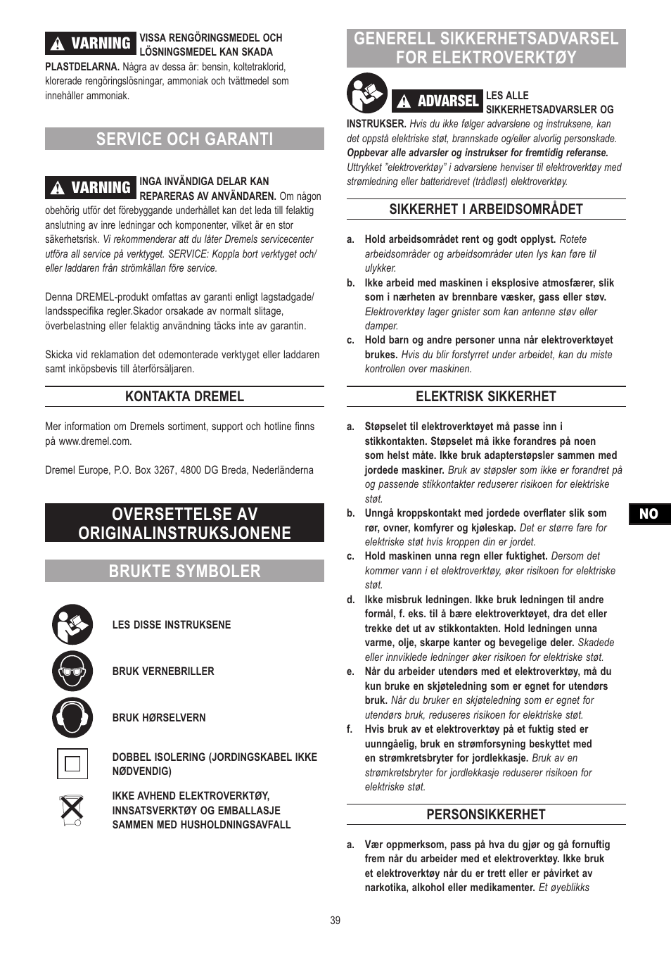 Service och garanti, Generell sikkerhetsadvarsel for elektroverktøy, Varning | Advarsel, Kontakta dremel, Sikkerhet i arbeidsområdet, Elektrisk sikkerhet, Personsikkerhet | Dremel Moto-Saw User Manual | Page 39 / 132