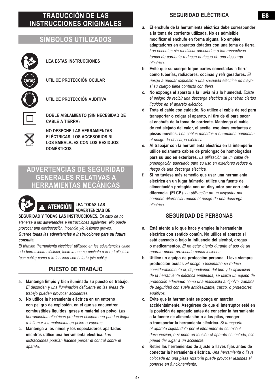 Atención, Puesto de trabajo, Seguridad eléctrica | Seguridad de personas | Dremel Moto-Saw User Manual | Page 47 / 132