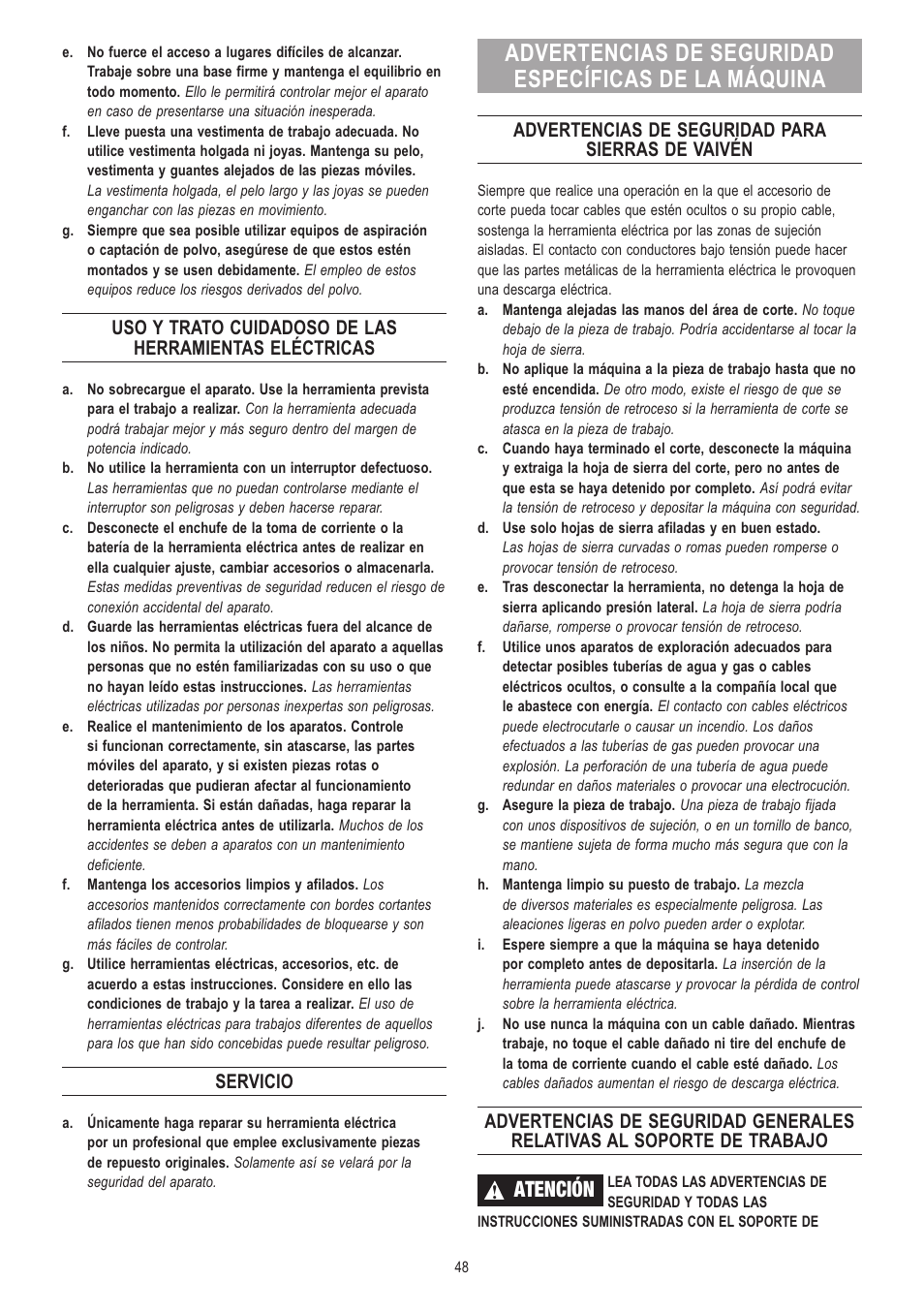 Atención, Servicio, Advertencias de seguridad para sierras de vaivén | Dremel Moto-Saw User Manual | Page 48 / 132