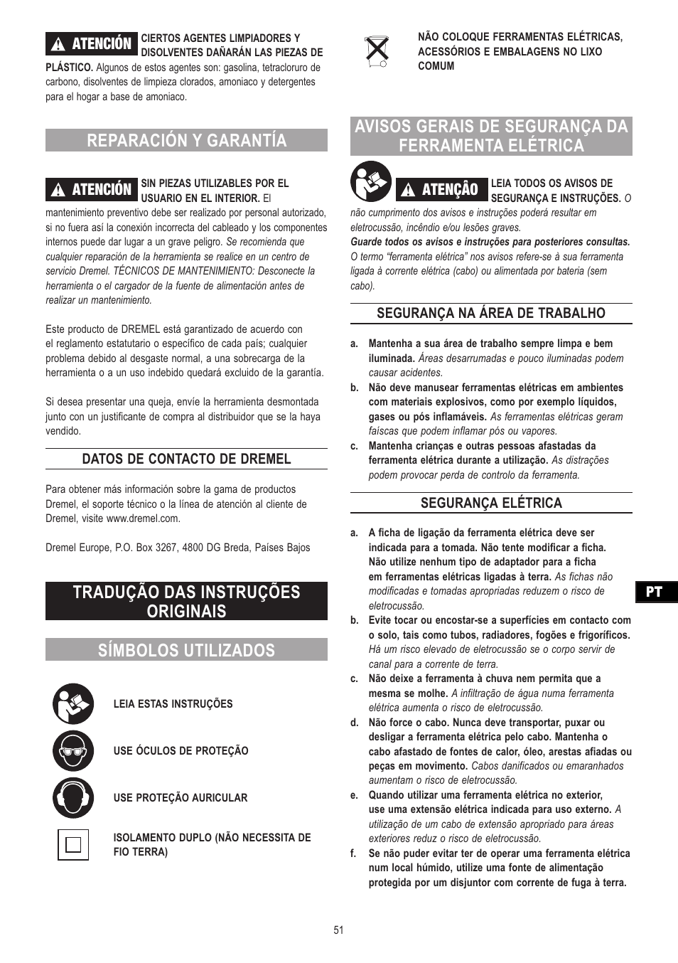 Reparación y garantía, Avisos gerais de segurança da ferramenta elétrica, Atención | Atençâo, Datos de contacto de dremel, Segurança na área de trabalho, Segurança elétrica | Dremel Moto-Saw User Manual | Page 51 / 132