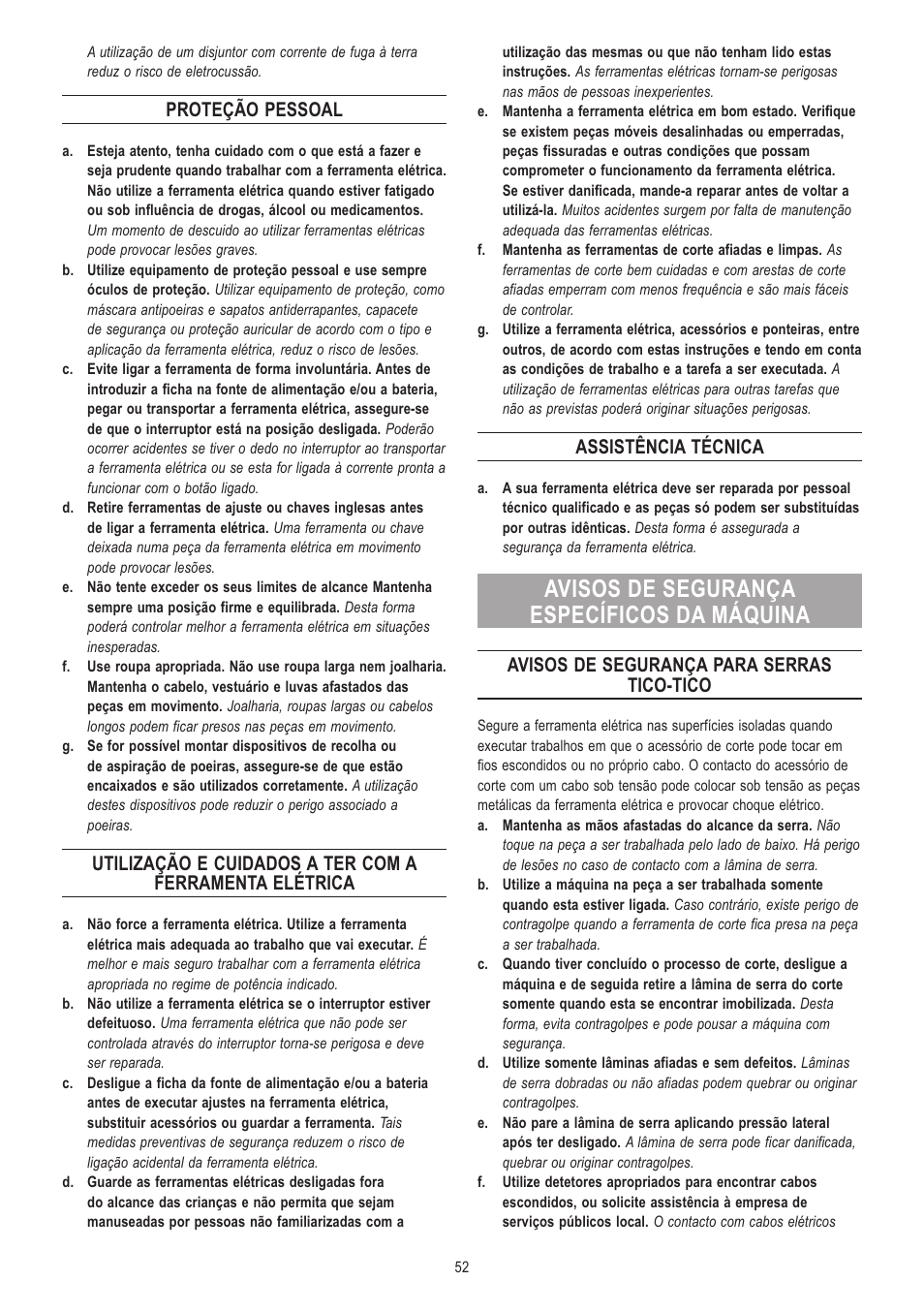 Avisos de segurança específicos da máquina, Proteção pessoal, Assistência técnica | Avisos de segurança para serras tico-tico | Dremel Moto-Saw User Manual | Page 52 / 132