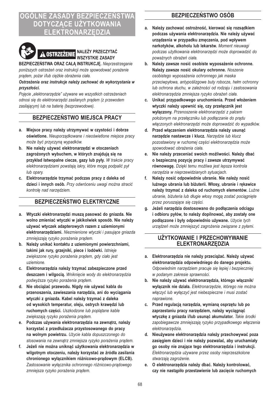 Ostrzeżenie, Bezpieczeństwo miejsca pracy, Bezpieczeństwo elektryczne | Bezpieczeństwo osób, Użytkowanie i przechowywanie elektronarzędzia | Dremel Moto-Saw User Manual | Page 68 / 132