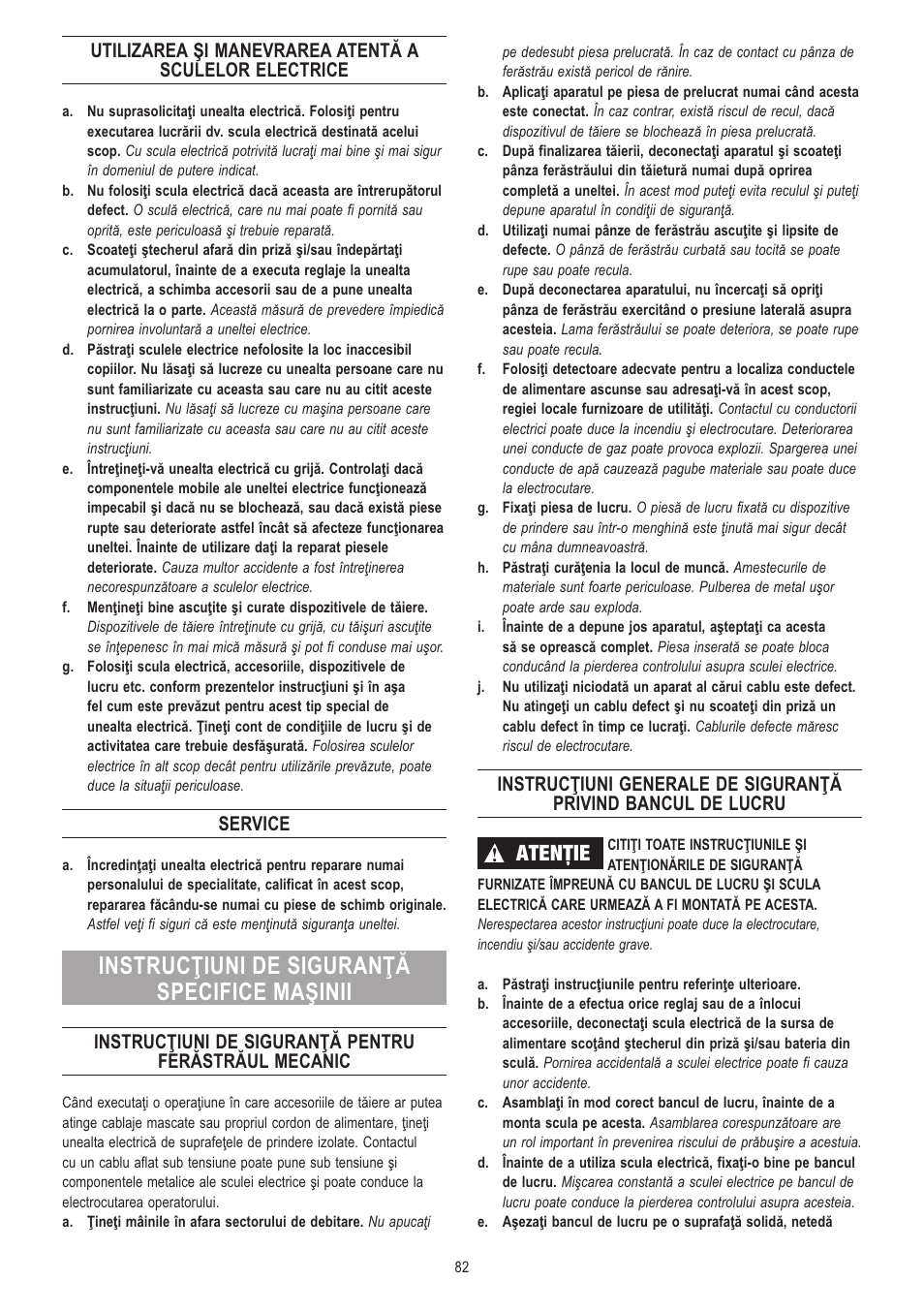 Instrucţiuni de siguranţă specifice maşinii, Atenţie, Service | Dremel Moto-Saw User Manual | Page 82 / 132