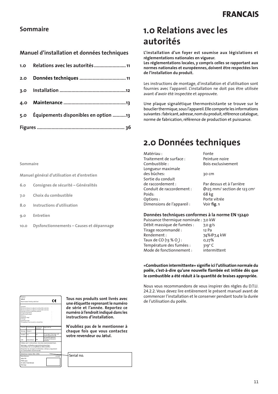 Fr - manuel d'installation et données techniques, 0 relations avec les autorités, 0 données techniques | Francais, Sommaire, Manuel d’installation et données techniques | Jotul F602N User Manual | Page 11 / 44