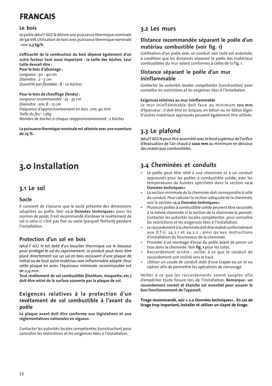 0 installation, Francais, 1 le sol | 2 les murs, 3 le plafond, 4 cheminées et conduits | Jotul F602N User Manual | Page 12 / 44